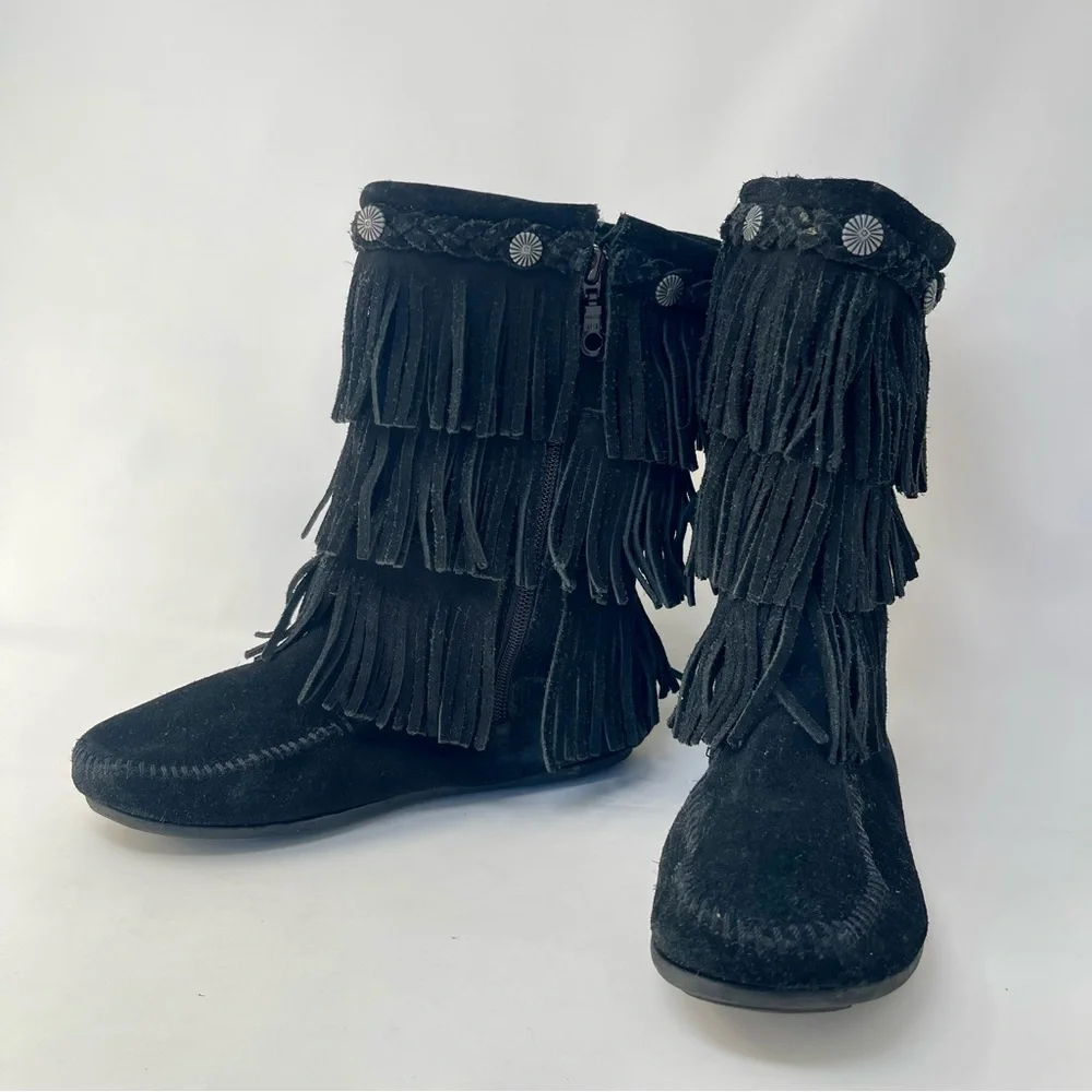 Minnetonka Black Suede 3 Tier‎ Fringe Tall Boots, Girl's Size 3